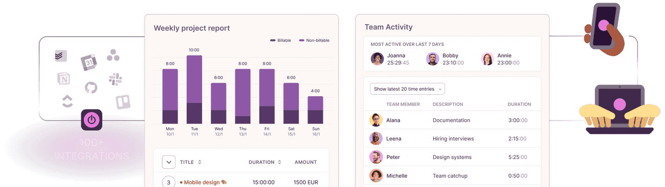 Toggl Track reports with illustrations showing desktop and mobile apps, and 100+ integration with common online tools such as Slack and Jira.