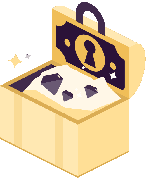 Illustration of a treasure box with gems. The cover of the box implies fixed fees, representing fixed fees projects