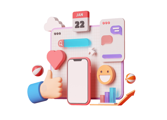 3D illustration of a hand making a thumbs up gesture in front of a whiteboard, alongside a smartphone, a miniature calendar, a text messaging window, a bar graph, a search bar, a smiling face emoji and a heart