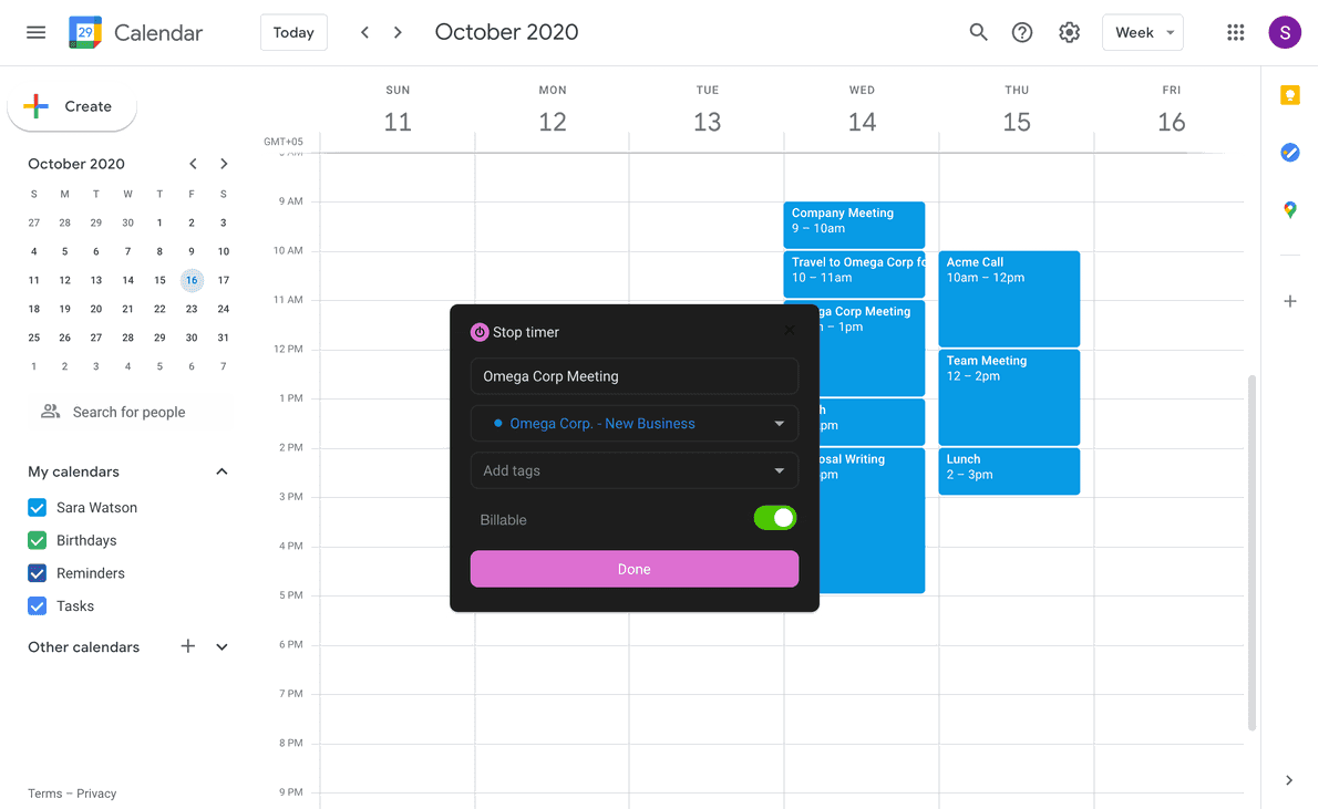 Time tracking integration with Google Calendar