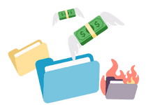 Folders on fire and money flying away