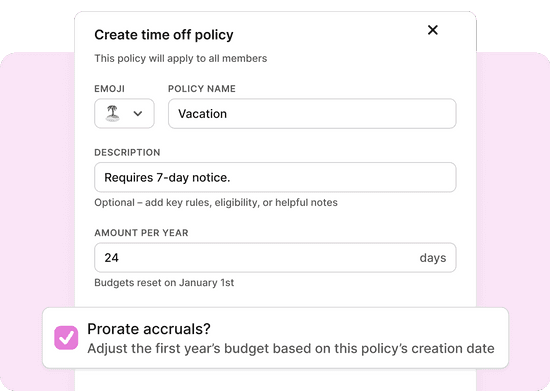 Team Policies settings page showing prorated accruals enabled