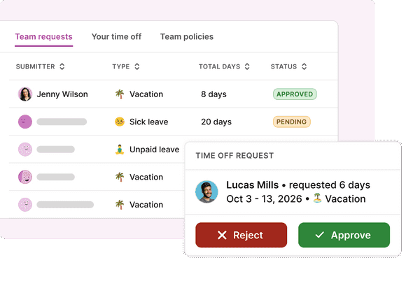 Time off approvals dashboard with approved and pending team requests