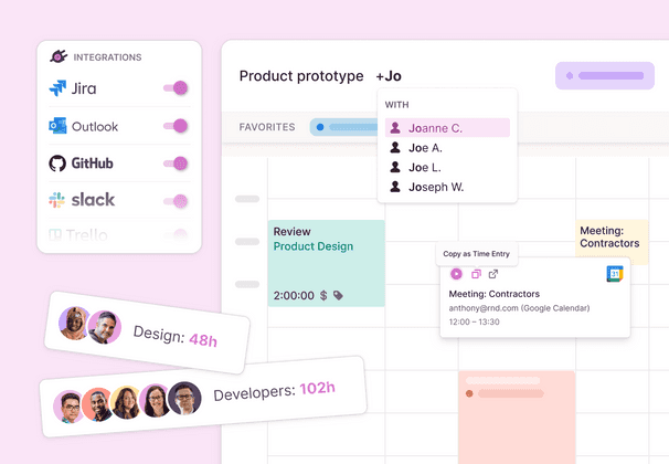 Screenshot of different features with Toggl Track to allow team to track time easily such as Shared Time Entries and calendar integrations