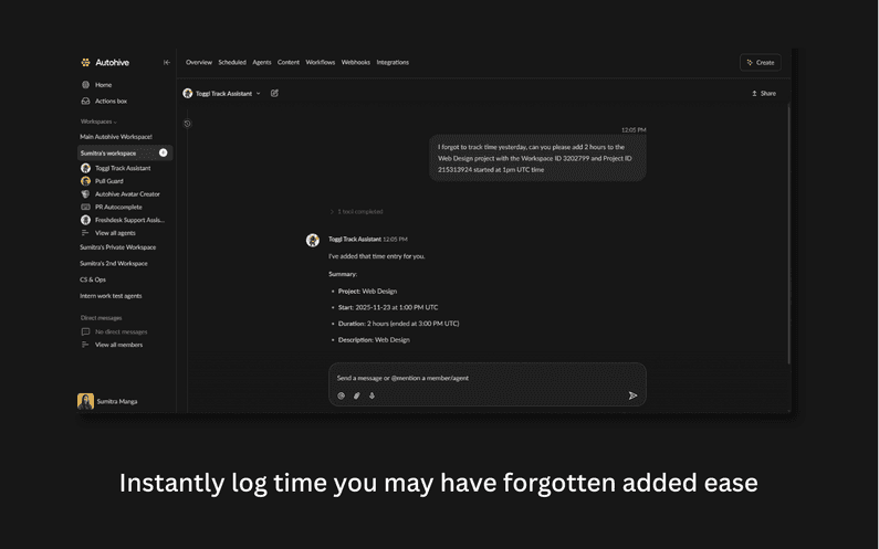 Screenshot of Autohive app that works with Toggl Track
