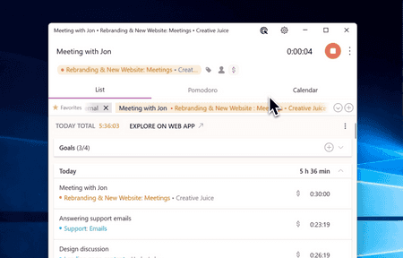 Screenshot showing List view in Toggl Track Windows app