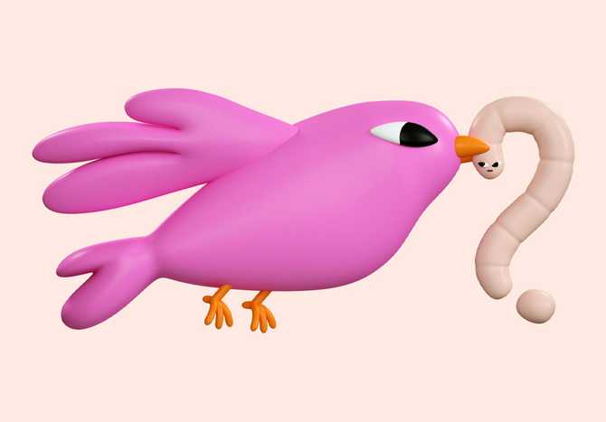 3D illustration of a pink bird carrying a worm in its beak