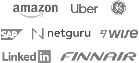 Company logos: Amazon, Uber, PWC, SAP, Netguru, Wise, LinkedIn, Finnair