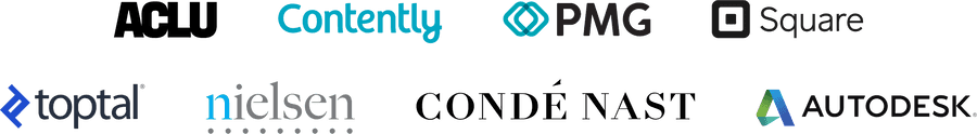 Company logos: ACLU, Contently, PMG, Square, Toptal, Nielsen, Conde Nast, Autodesk