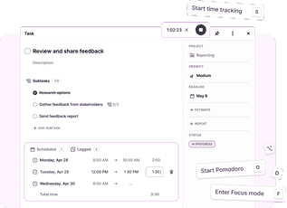 Screenshot of time tracking options in Toggl 2.0