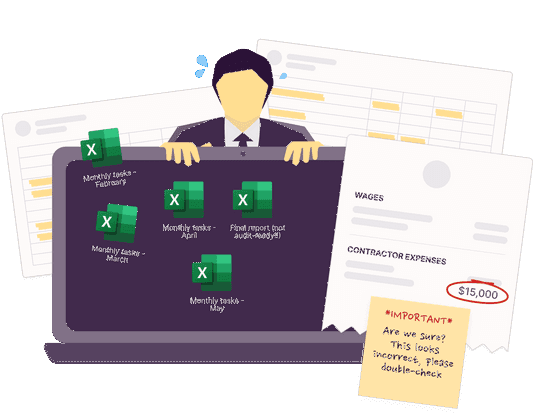 An illustration of a man being overwhelmed with spreadsheets and incorrect receipts