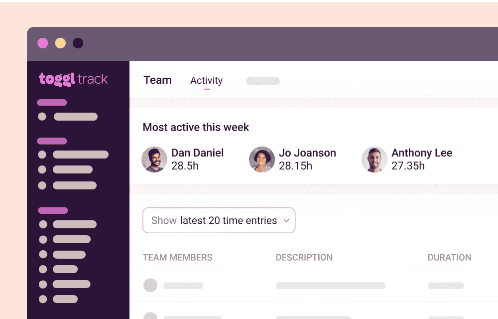 Screenshot of team dashboard in Toggl Track