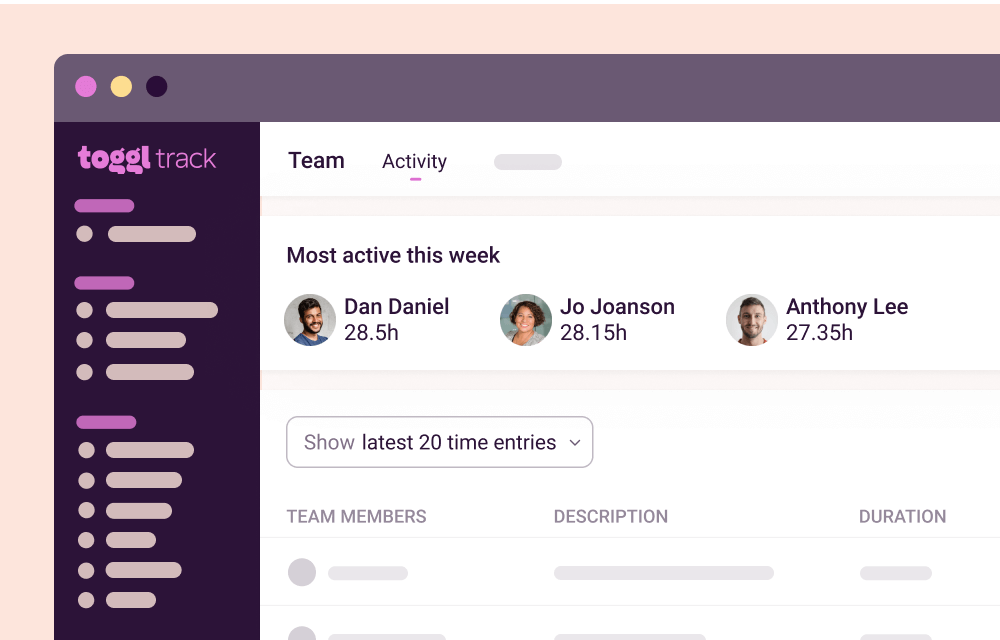 Screenshot of team dashboard in Toggl Track