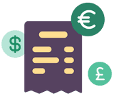 Illustration of a receipt with currency bubbles