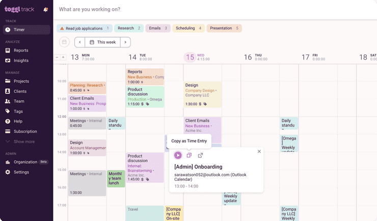 Toggl Track calendar view