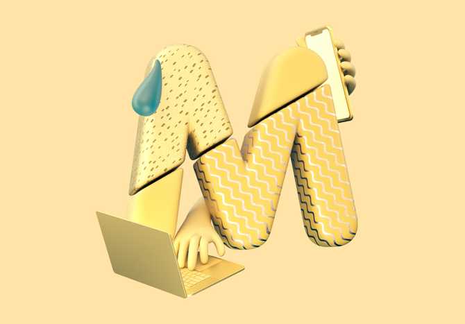 3D illustration of the letter M, with hands holding a phone and working on a computer