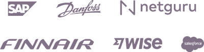 Company logos: LinkedIn, Salesforce, Finnair, Booking.com, SAP, Wise