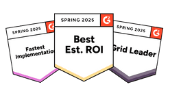 G2 award badges including: Best estimated ROI