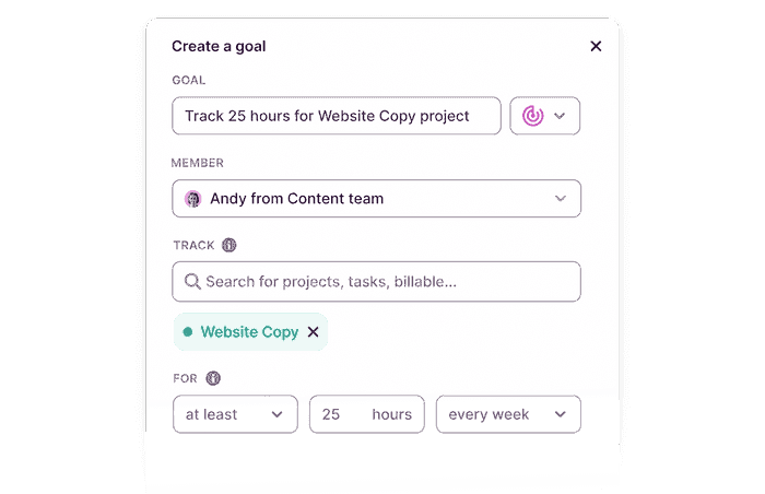 Screenshot of goals creation in Toggl Track