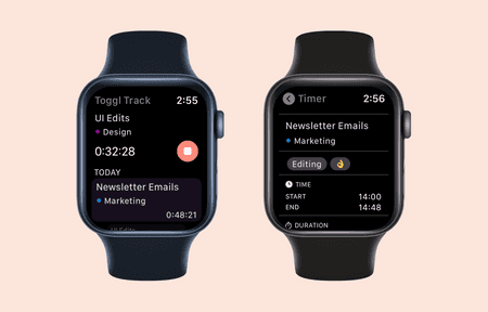 Screenshots of Toggl Track on Apple Watch
