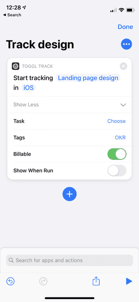 Screenshot of Siri shortcuts with Toggl Track iOS app