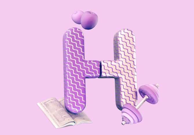 3D illustration of the letter H, surrounded by fruits, a dumbbell and a book