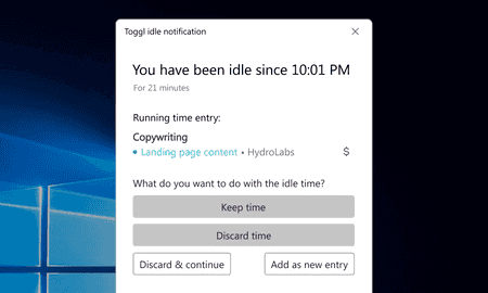 Time tracking desktop app with idle time detection