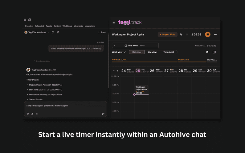 Screenshot of Autohive app that works with Toggl Track