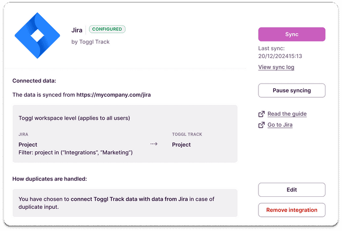 Jira Sync in Toggl Track