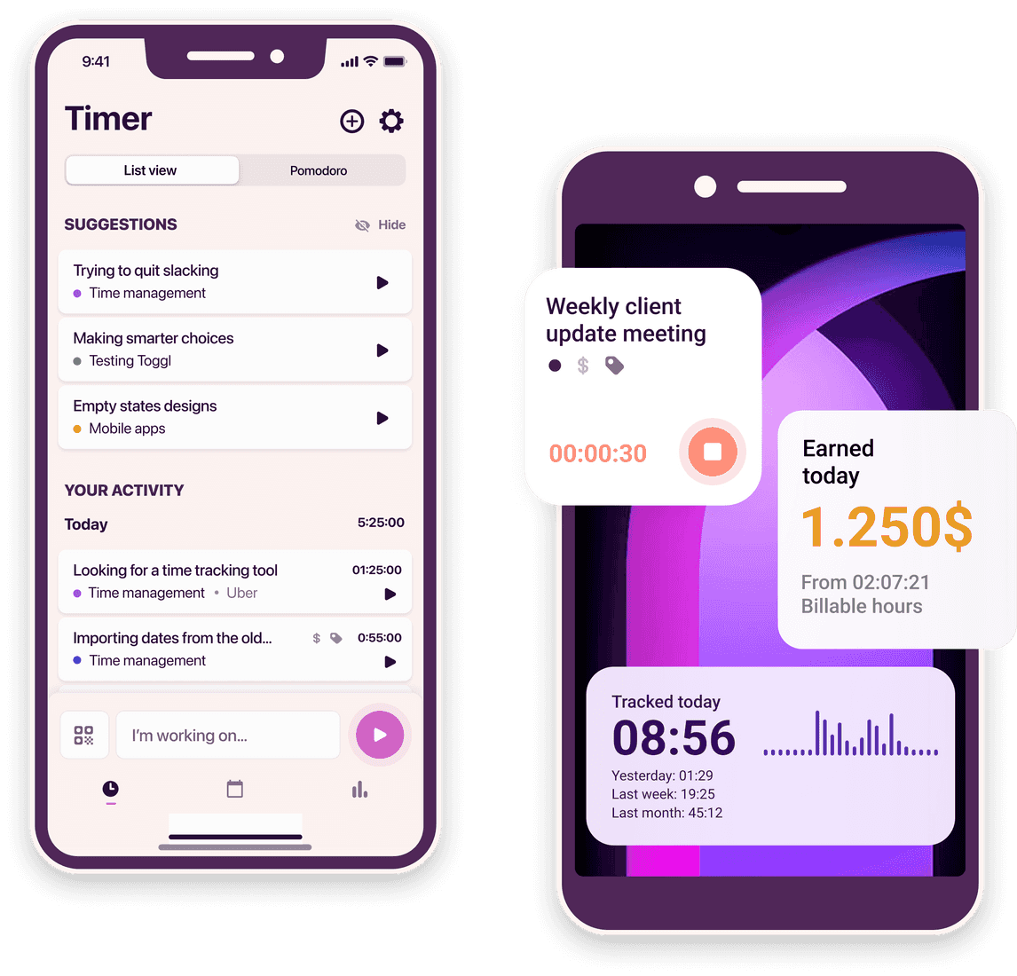 Screenshots of Toggl Track iOS and Android apps