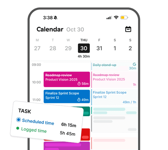 Screenshot of Toggl Focus mobile app showing Calendar view