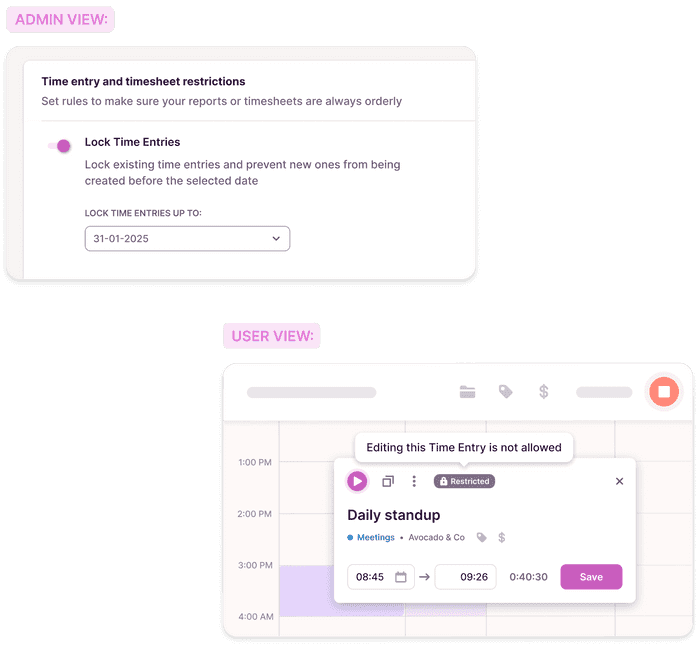 Screenshot of time entries in Toggl Track being locked from editing