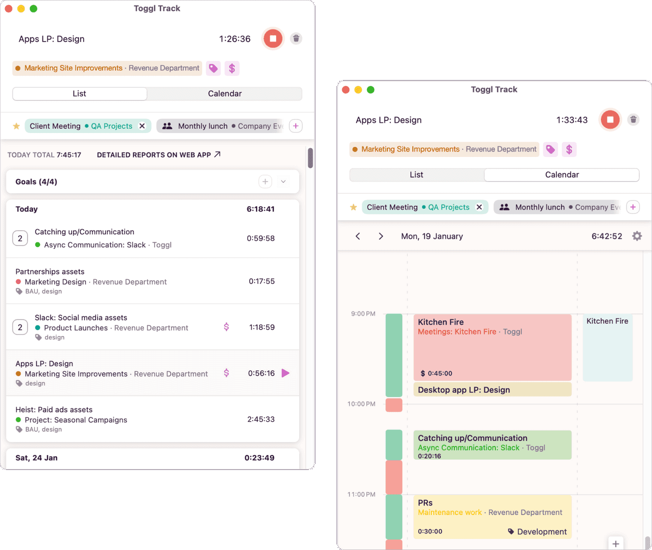Screenshots of Toggl Track macOS app