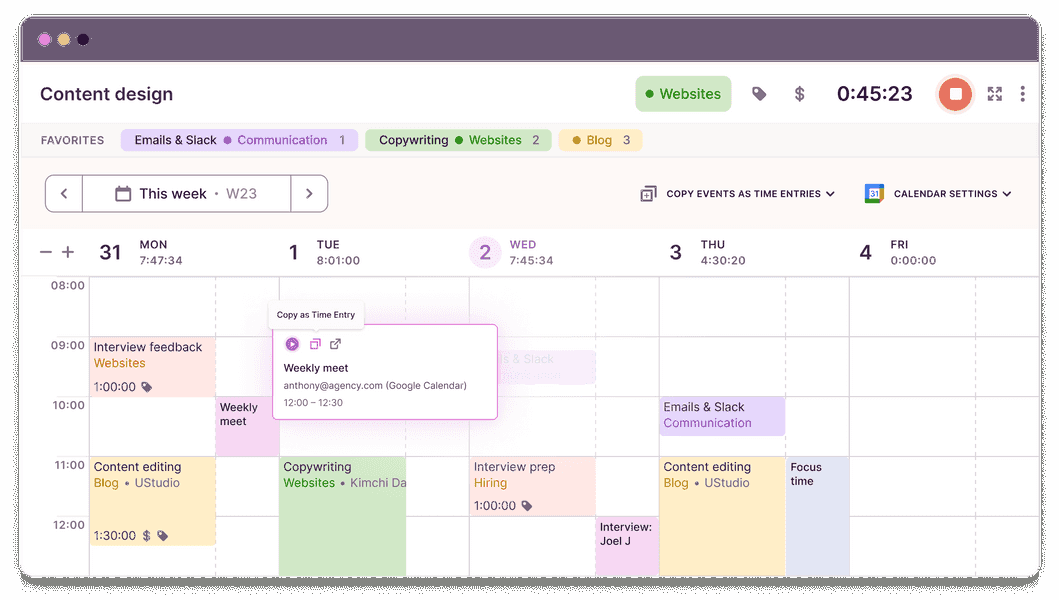 Screenshot of Toggl Track's calendar view