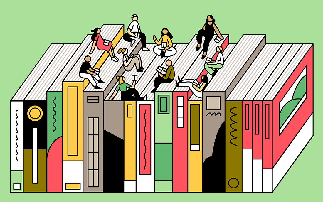 Illustration of team members sitting on books
