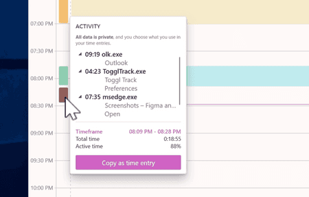 Snippet of the timeline feature with Toggl Track desktop app