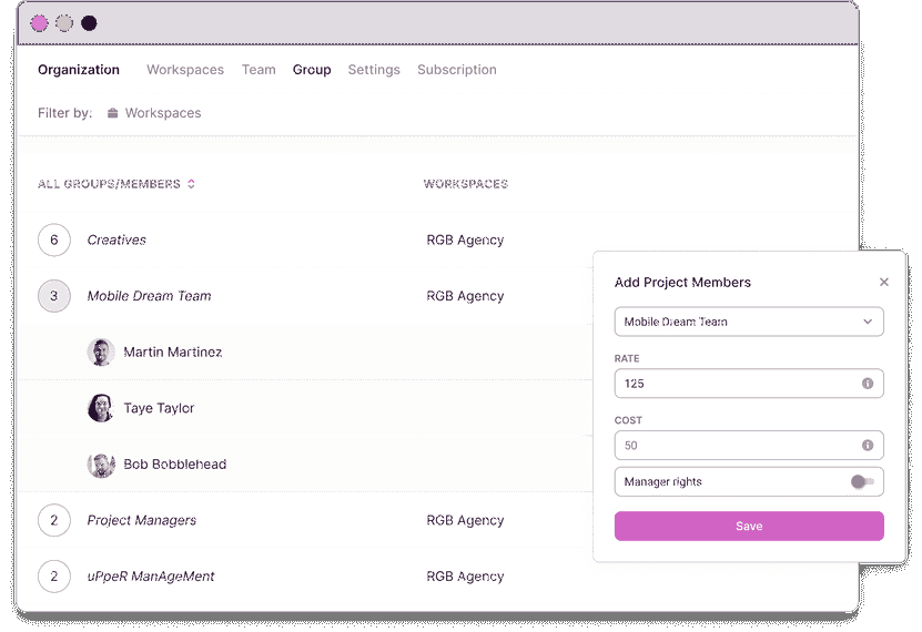 Toggl Track's user group feature allows grouping of team members to simplify assigning billable rates, user costs, and tasks.