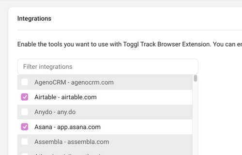 A screenshot of the integrations available in Toggl Track's browser extensions' settings