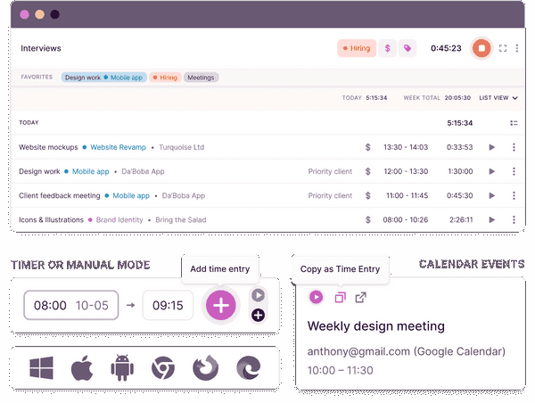 Screenshot of timer modes in Toggl Track