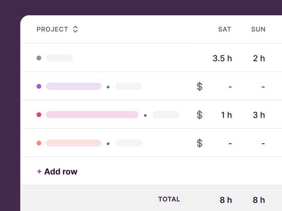 Screenshots of timesheet view in Toggl Track