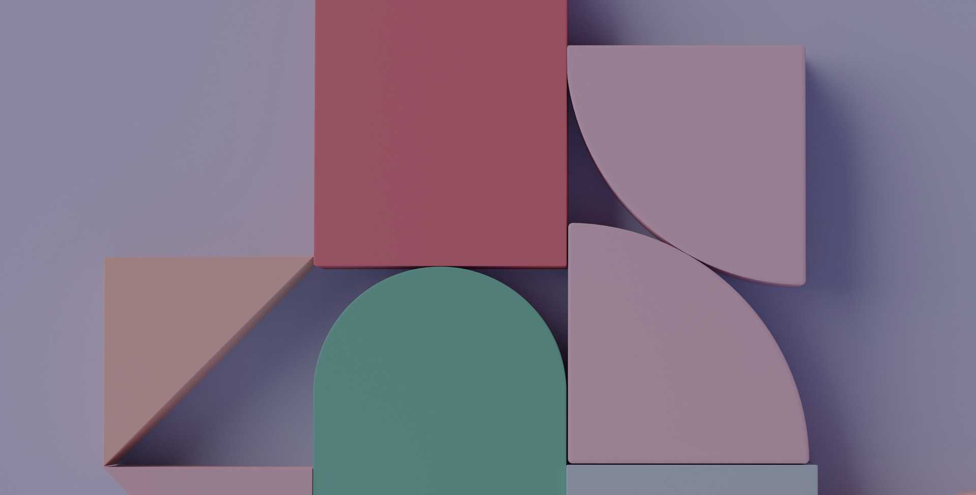3D rendering of pink, green, and purple shapes against a light purple background