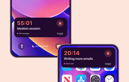 Screenshot of the live activity and dynamic island features in Toggl Track iOS app