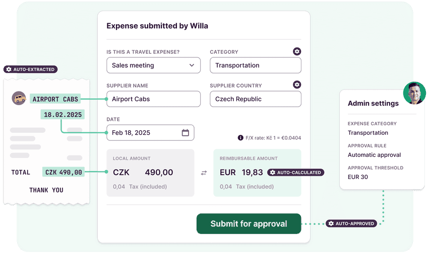 Screenshot of AI receipt details extraction and auto-approval process