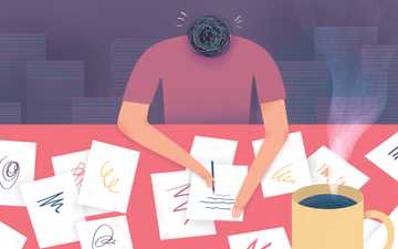 Illustration of someone writing with papers all over the table