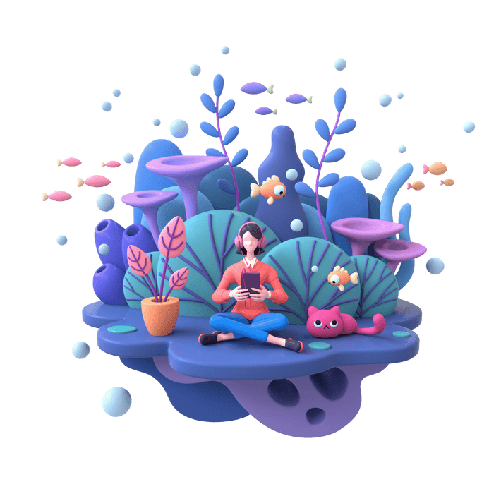 Surreal 3D illustration of a person wearing headphones plugged into a digital tablet, sitting in an underwater garden, surrounded by air bubbles, fish, kelp, coral and a cat