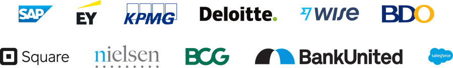 Company logos: SAP, EY, KPMG, Deloitte, Wise, BDO, Square, Nielsen, BCG, BankUnited, Salesforce