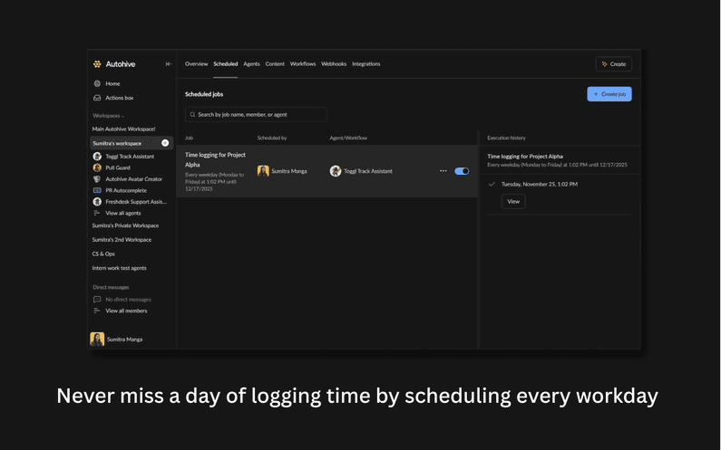 Screenshot of Autohive app that works with Toggl Track