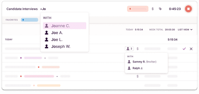 Screenshot of adding team members to time entries in Toggl Track