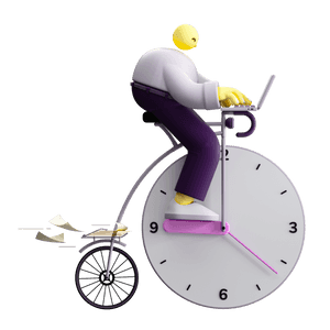 3D illustration of a character riding a bicycle. One of the wheels also resembles a clock.