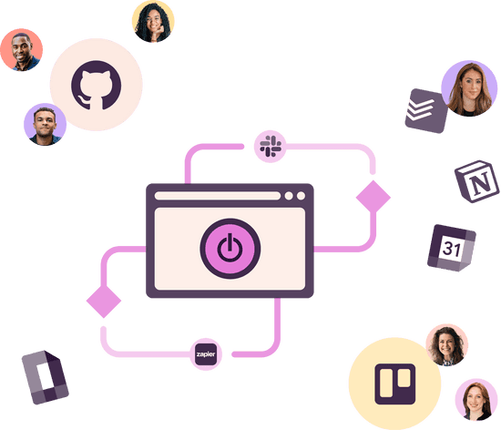 Diagram showcasing integrations with Toggl Track with human faces, such as Google Calendar, GitHub, Notion, Todoist, and more.
